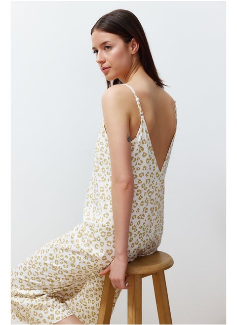 Yellow 100% Cotton Leopard Patterned Rope Strap Knitted Jumpsuit THMSS24TU00016