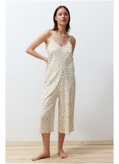 trendyol Yellow 100% Cotton Leopard Patterned Rope Strap Knitted Jumpsuit THMSS24TU00016  - Image 2