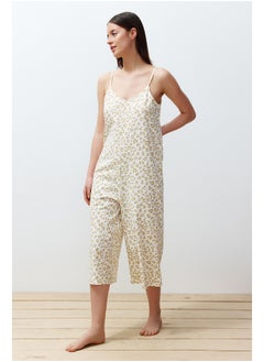 trendyol Yellow 100% Cotton Leopard Patterned Rope Strap Knitted Jumpsuit THMSS24TU00016  - Image 3