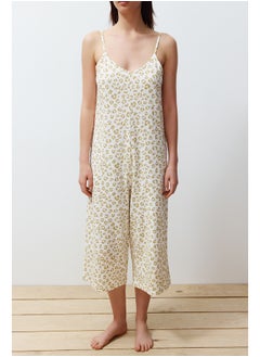 trendyol Yellow 100% Cotton Leopard Patterned Rope Strap Knitted Jumpsuit THMSS24TU00016  - Image 4
