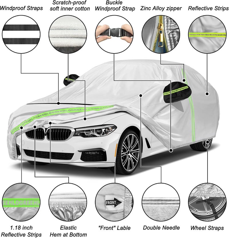 HLOGREE Car Cover Waterproof All Weather for Automobiles, Universal Fit Audi A6/A7/A8, Dodge Charger/Challenger, Lexus ES350, Volvo S90, Jaguar XJ, Cadillac Seville etc. (Fit Sedan, 192"-204") Upgraded general grade quality - Image 4