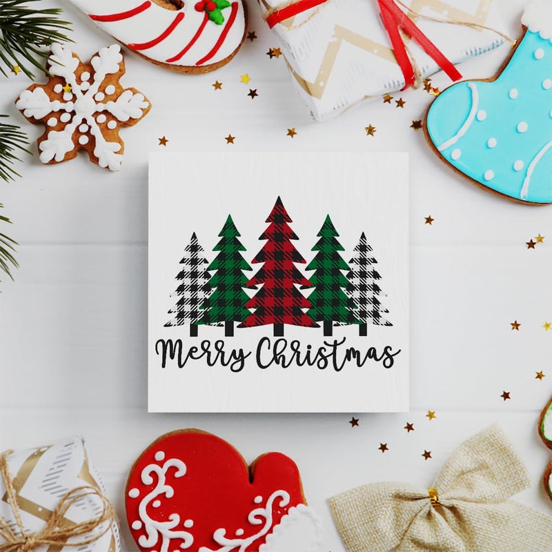 Woght Funny Christmas Trees Wooden Box Sign Plaque Merry Christmas Wood Box Sign Rustic Art Home Shelf Desk Decor christmas tree decorations 5 x 5 x 1 Inches - Image 3