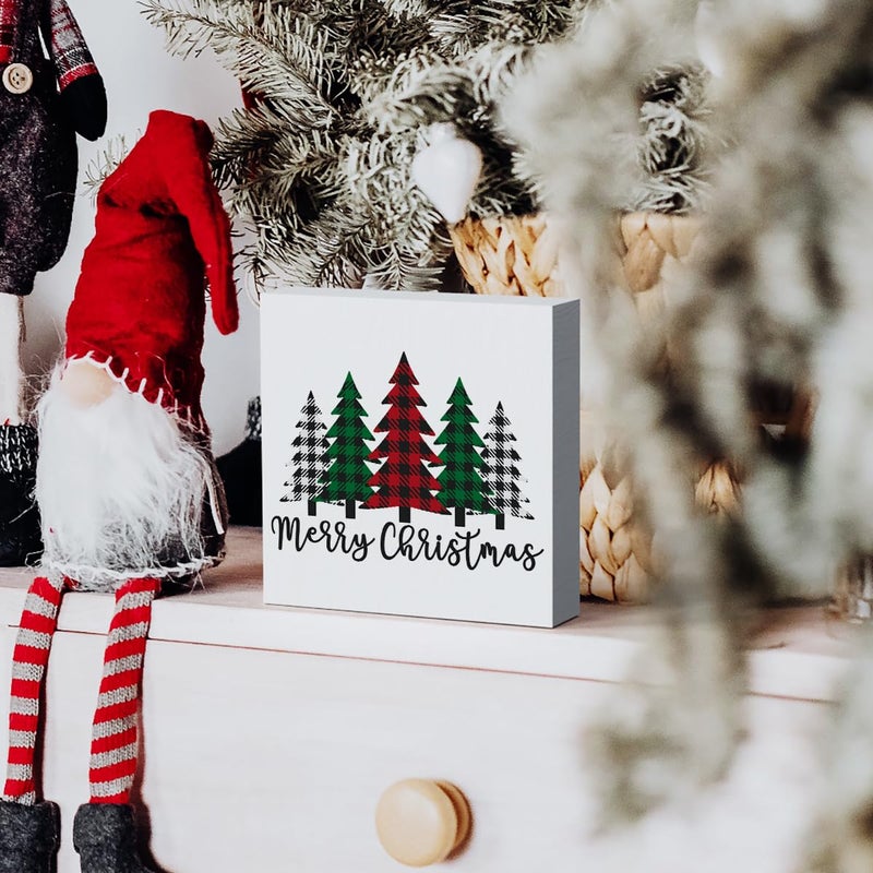 Woght Funny Christmas Trees Wooden Box Sign Plaque Merry Christmas Wood Box Sign Rustic Art Home Shelf Desk Decor christmas tree decorations 5 x 5 x 1 Inches - Image 4