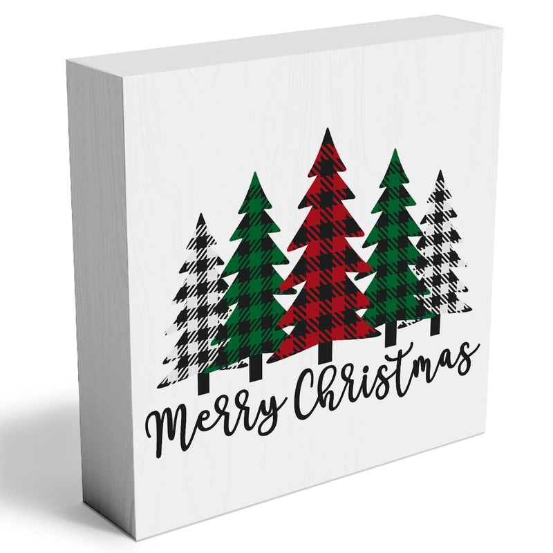 Woght Funny Christmas Trees Wooden Box Sign Plaque Merry Christmas Wood Box Sign Rustic Art Home Shelf Desk Decor christmas tree decorations 5 x 5 x 1 Inches - Image 1