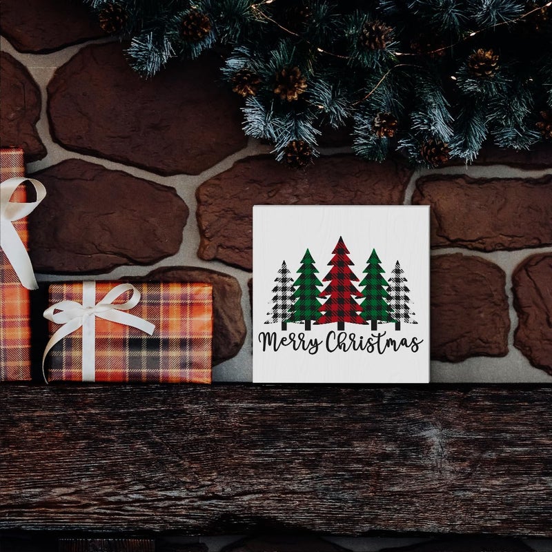 Woght Funny Christmas Trees Wooden Box Sign Plaque Merry Christmas Wood Box Sign Rustic Art Home Shelf Desk Decor christmas tree decorations 5 x 5 x 1 Inches - Image 5
