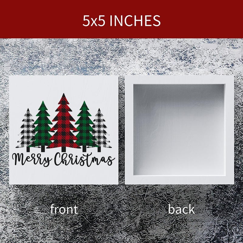Woght Funny Christmas Trees Wooden Box Sign Plaque Merry Christmas Wood Box Sign Rustic Art Home Shelf Desk Decor christmas tree decorations 5 x 5 x 1 Inches - Image 2