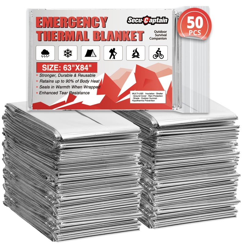 SecuCaptain Survival Emergency Thermal Blankets: 50 Pack Extra Large 84â€ x63â€ Space Mylar Blanket Kit for Outdoor Cold Winter Camping Hiking Car Bug Out Bag or First Aid - Image 1