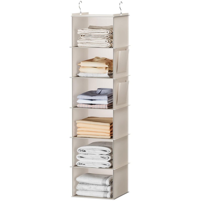 YOUDENOVA Hanging Closet Organizer, 6-Shelf Closet Hanging Storage with Side Pockets, Beige - Image 1