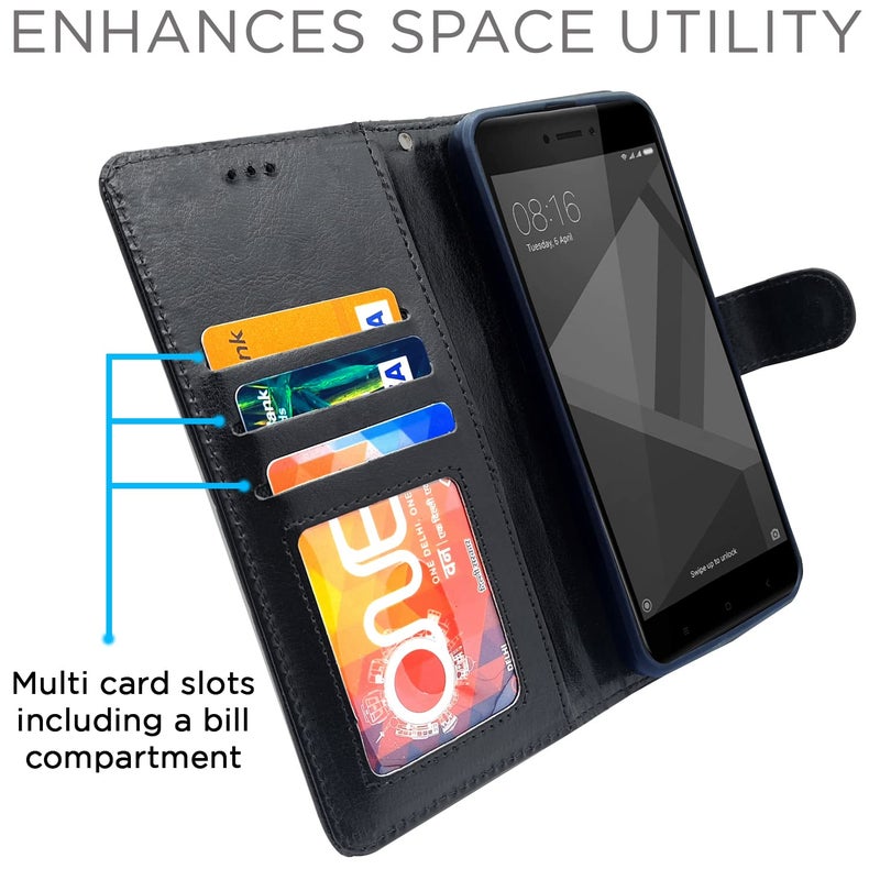 Pikkme Mi Redmi 4 Flip Cover Magnetic Leather Wallet Case Shockproof TPU for Mi Redmi 4 (Black) - Image 4