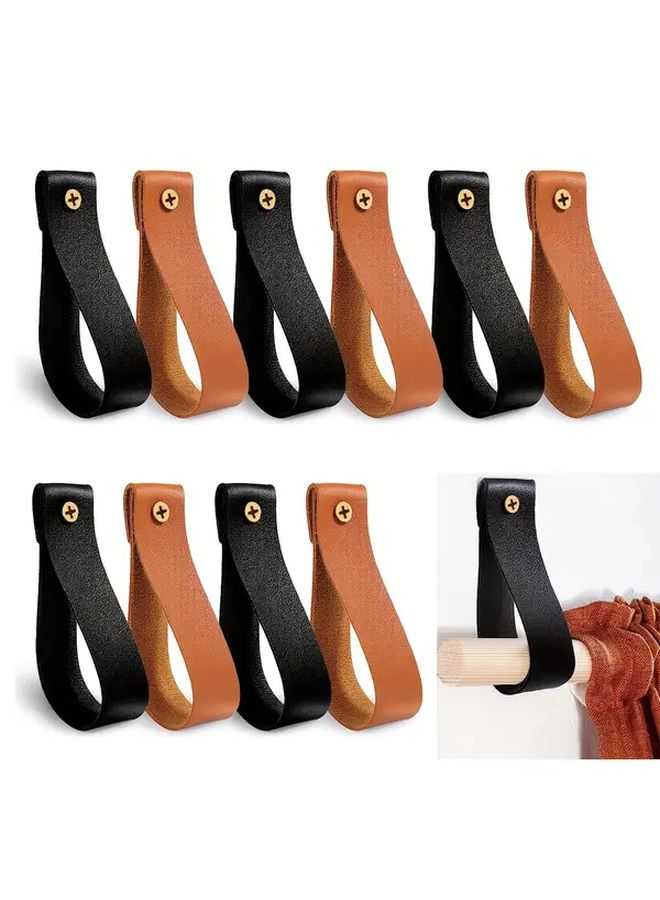 Vintage Style Faux Leather Curtain Rod Holder with Golden Tone Mounting Bracket and Loop Strap Secure Wall Hooks for Towel Tapestry Canoe and Paddle Hanging 2 Pcs Black Classic Design Home Decor Acc - Image 1