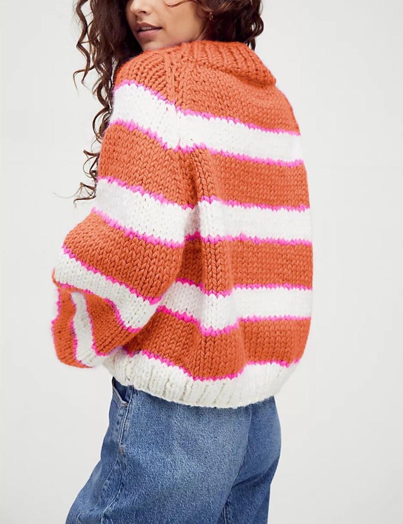Yeokou Women Stripe Pullover Sweater Turtleneck Ribbed Knit Top Casual Fall Winter Chunky Knitwear (Orange-S) - Image 3