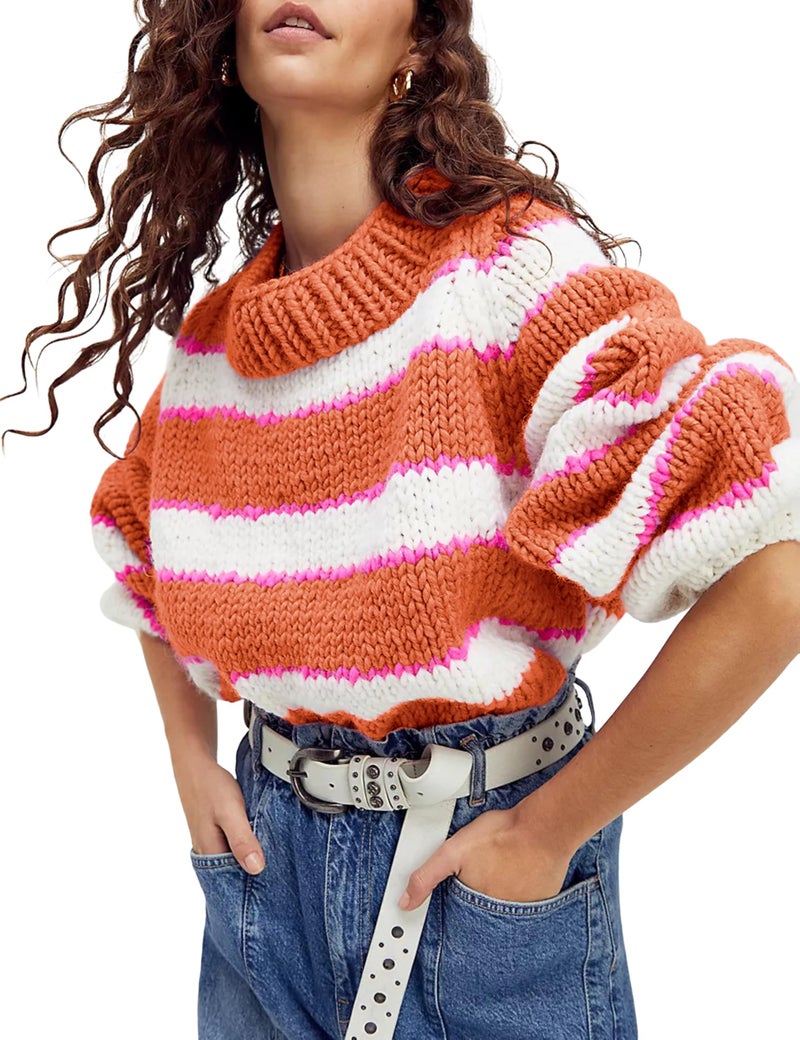 Yeokou Women Stripe Pullover Sweater Turtleneck Ribbed Knit Top Casual Fall Winter Chunky Knitwear (Orange-S) - Image 1