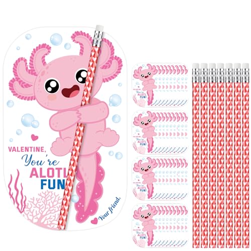 Dunzoom 36 Sets Axolotl Valentines Day Cards Exchange Gifts for Kids Heart Pencils with Eraser Punny Axolotl Valentines Day Cards Pencils for School Prize Classroom Gifts Party Favors - Image 1