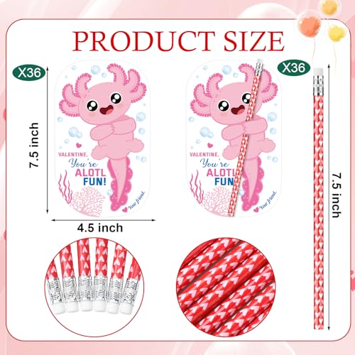 Dunzoom 36 Sets Axolotl Valentines Day Cards Exchange Gifts for Kids Heart Pencils with Eraser Punny Axolotl Valentines Day Cards Pencils for School Prize Classroom Gifts Party Favors - Image 5