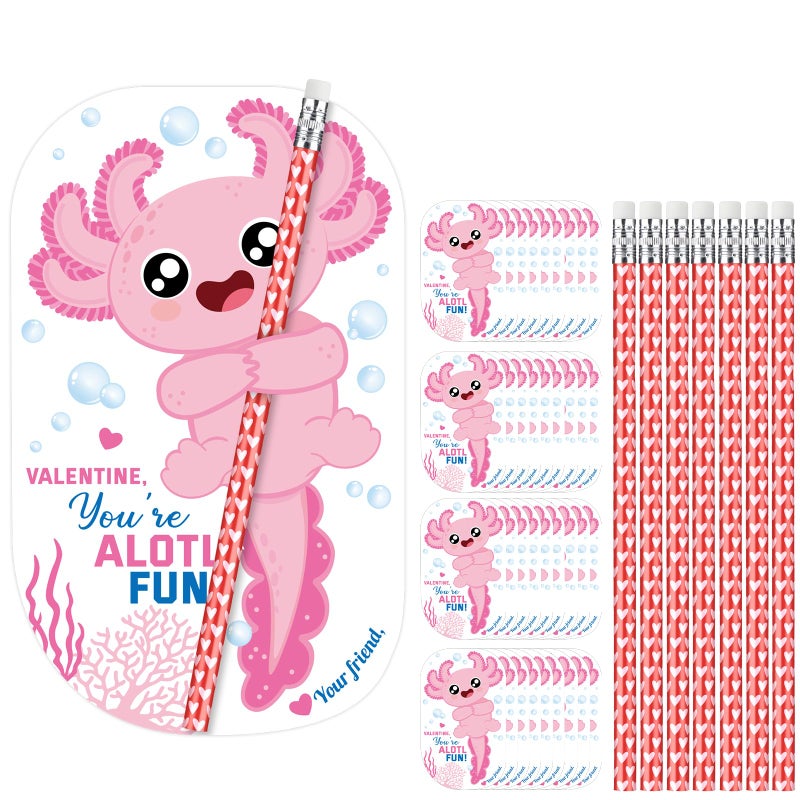 Dunzoom 36 Sets Axolotl Valentines Day Cards Exchange Gifts for Kids Heart Pencils with Eraser Punny Axolotl Valentines Day Cards Pencils for School Prize Classroom Gifts Party Favors - Image 3