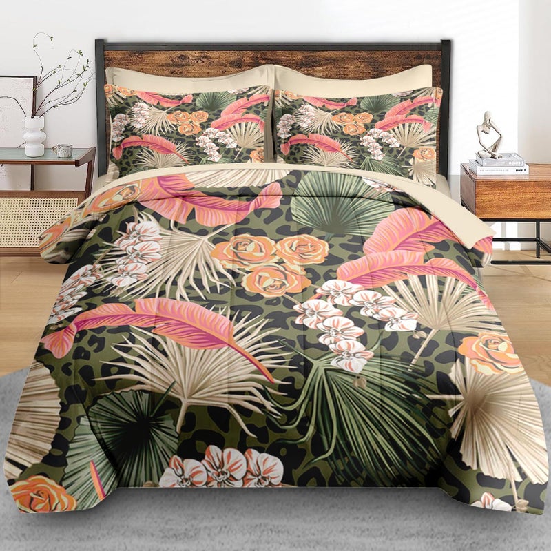 Pamnest Comforter Set Queen Size, Summer Tropical Flowers 7 Pcs Bedding for Kids and Adults, Hawaiian Palm Leaf Leaves Bed Sheet Sets with Fitted Sheet 2 Pillowcase & 2 Sham for Bedroom Bed Decor - Image 3