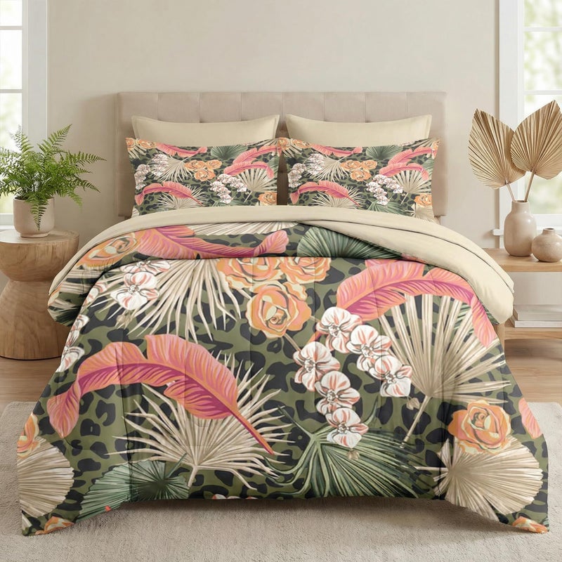Pamnest Comforter Set Queen Size, Summer Tropical Flowers 7 Pcs Bedding for Kids and Adults, Hawaiian Palm Leaf Leaves Bed Sheet Sets with Fitted Sheet 2 Pillowcase & 2 Sham for Bedroom Bed Decor - Image 1