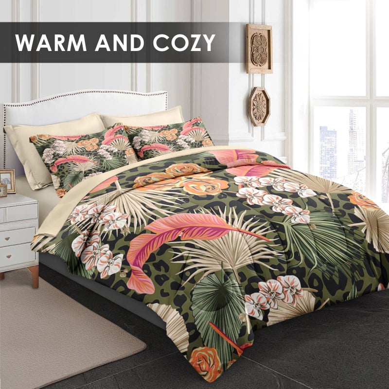 Pamnest Comforter Set Queen Size, Summer Tropical Flowers 7 Pcs Bedding for Kids and Adults, Hawaiian Palm Leaf Leaves Bed Sheet Sets with Fitted Sheet 2 Pillowcase & 2 Sham for Bedroom Bed Decor - Image 2