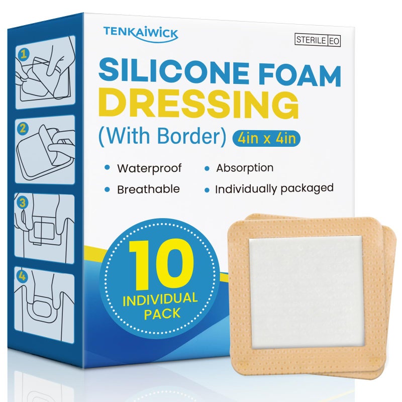 TENKAIWICK 10 Pack Silicone Foam Dressing 4"x4" with Adhesive Border, High Absorbency Silicone Bandages, Waterproof Foam Bandages for Wounds Care, Bed Sore, Diabetic Foot Ulcers - Image 1