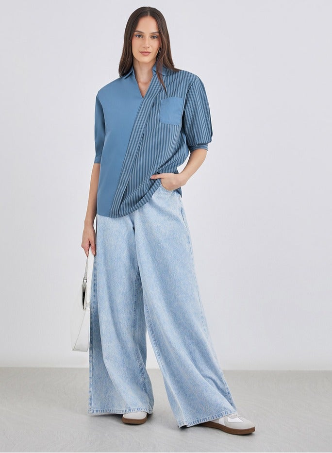 Styli Women Blue Striped Wrap Style Shirt - Image 3