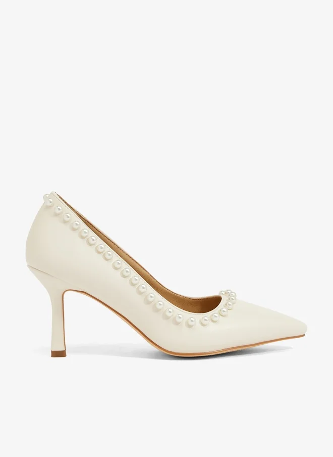 Ella Limited Edition Ivory pump with pearl trim, mid heel, pointed toe