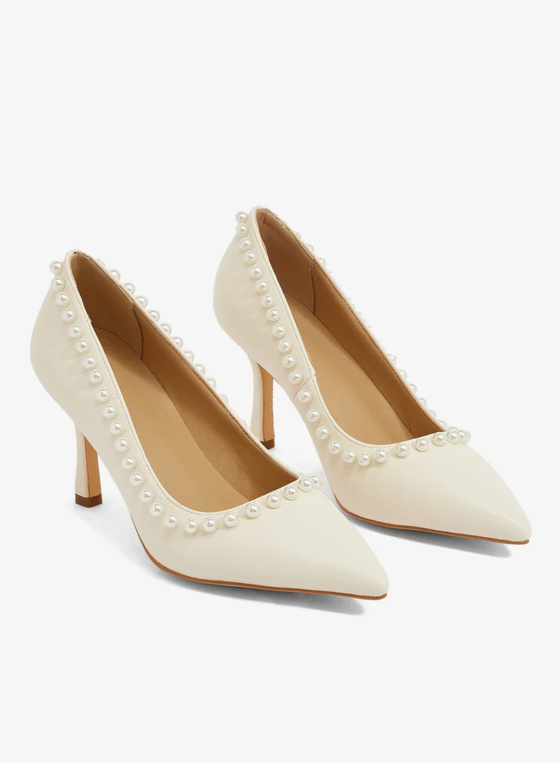 Ella Limited Edition Cream Ivory pump with pearl trim, mid heel, pointed toe for Women | Best Price UAE