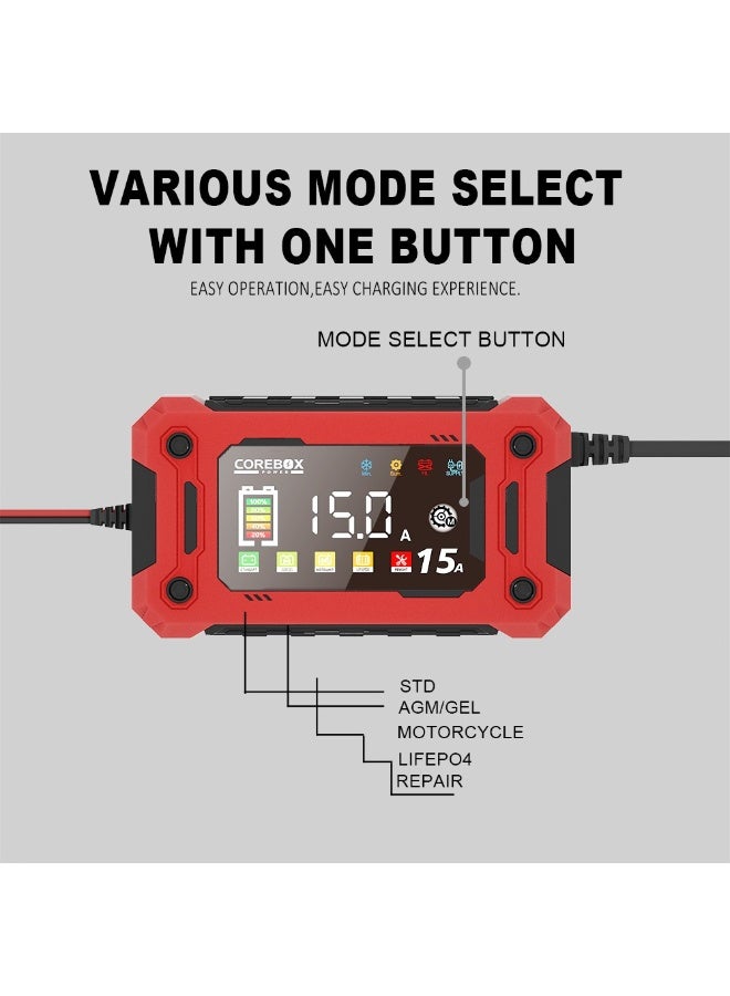 Battery Charger 0-15Amp,12V, Automatic Smart Car Battery Charger, Trickle Charger, Battery Maintainer, Desulfator with Temperature Compensation, for Cars Truck Motorcycle Lawn Mower Boat - Image 2
