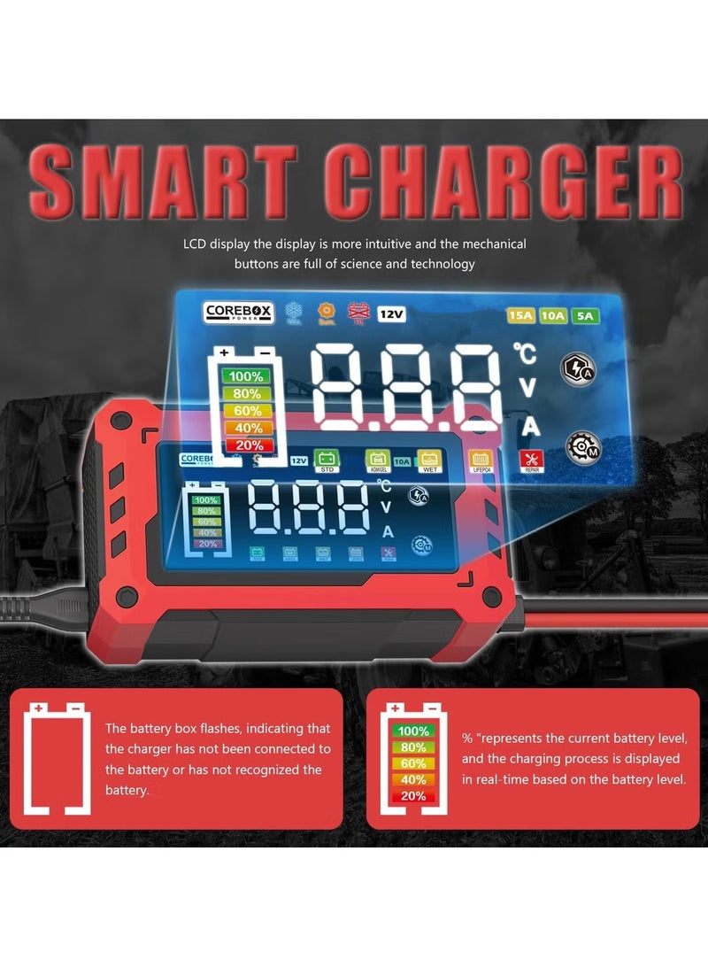 Battery Charger 0-15Amp,12V, Automatic Smart Car Battery Charger, Trickle Charger, Battery Maintainer, Desulfator with Temperature Compensation, for Cars Truck Motorcycle Lawn Mower Boat - Image 3
