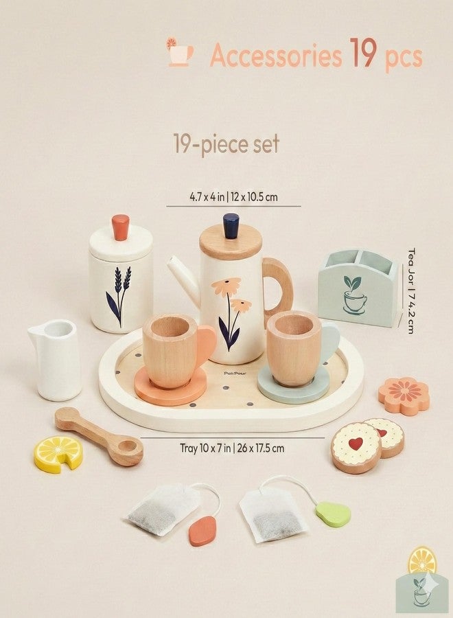 PairPear Wooden Tea Set for Kids, 19-Piece Pretend Tea Time Play Set with Tray, Wooden Tea Toys for Toddlers & Preschool Kids Ages 3+ - Image 2