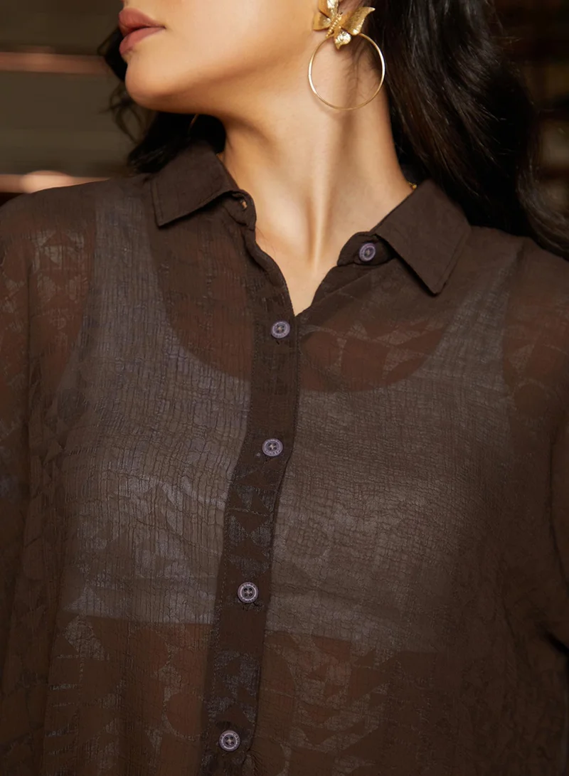 Campus Sutra Women's Coffee Brown Sheer Geometric Block Oversized Shirt