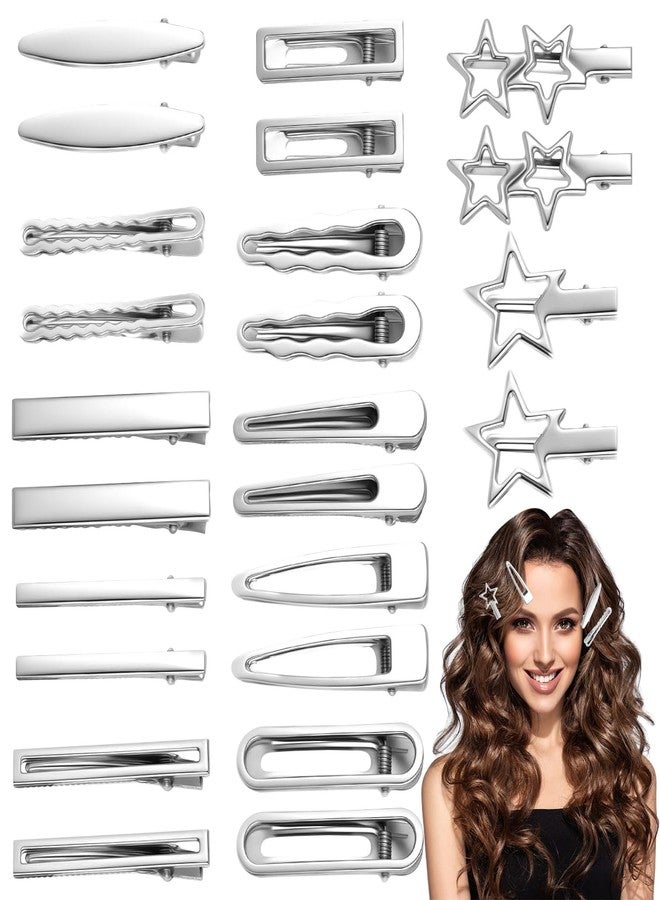 OLLBIT 24PCS Silver Hair Clips Set,Hair Clips Cute,Y2k Hair Accessories,Metal Barrettes,Anti-Slip Wavy Star Hair Clip for Women Girls - Image 1