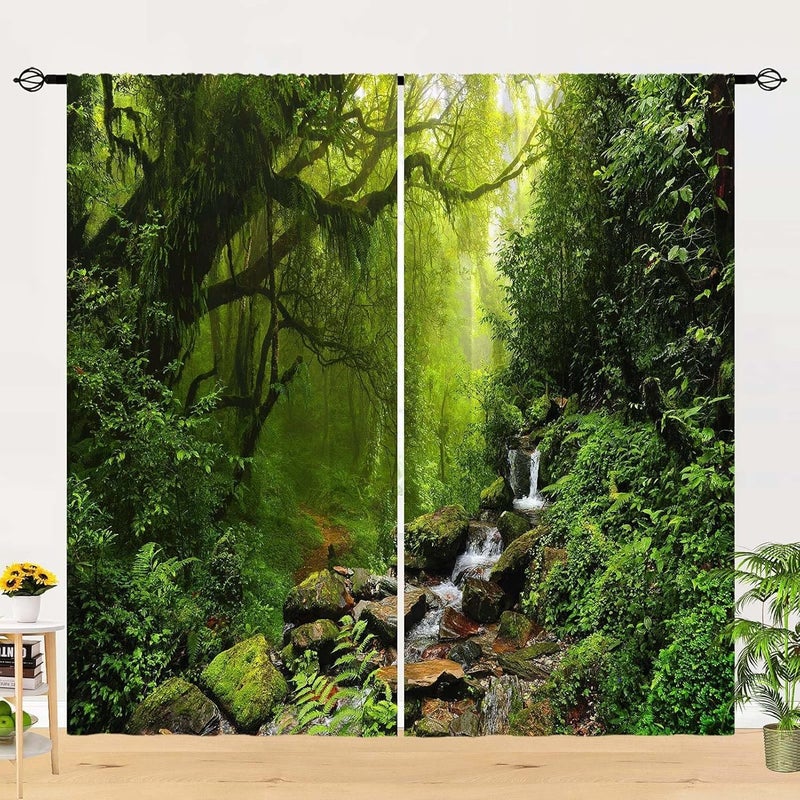 ستائر غابة مقاس 42 × 63 بوصة، طبيعة، غابة استوائية، غابة مطيرة، شلال، شجرة خضراء، منظر طبيعي، بجيوب قضيب، نمط مطبوع، ستائر نافذة لغرفة المعيشة وغرفة النوم وغرفة الطعام والمقهى، لوحتان. - Image 3