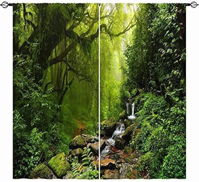 ستائر غابة مقاس 42 × 63 بوصة، طبيعة، غابة استوائية، غابة مطيرة، شلال، شجرة خضراء، منظر طبيعي، بجيوب قضيب، نمط مطبوع، ستائر نافذة لغرفة المعيشة وغرفة النوم وغرفة الطعام والمقهى، لوحتان. - Image 1