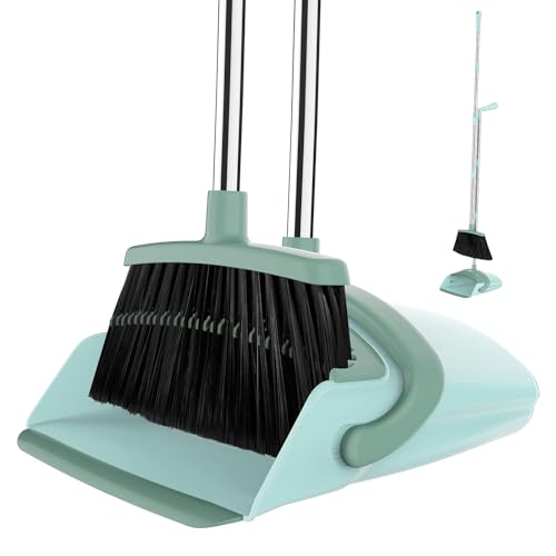 EZKEY Broom and Dustpan Set for Home, 51-in Long Adjustable Handle Angle Broom and Dustpan Combo Set with Dust Pan Teeth to Clean Hair for Home Kitchen Office Lobby Floor Garden, Green - Image 1