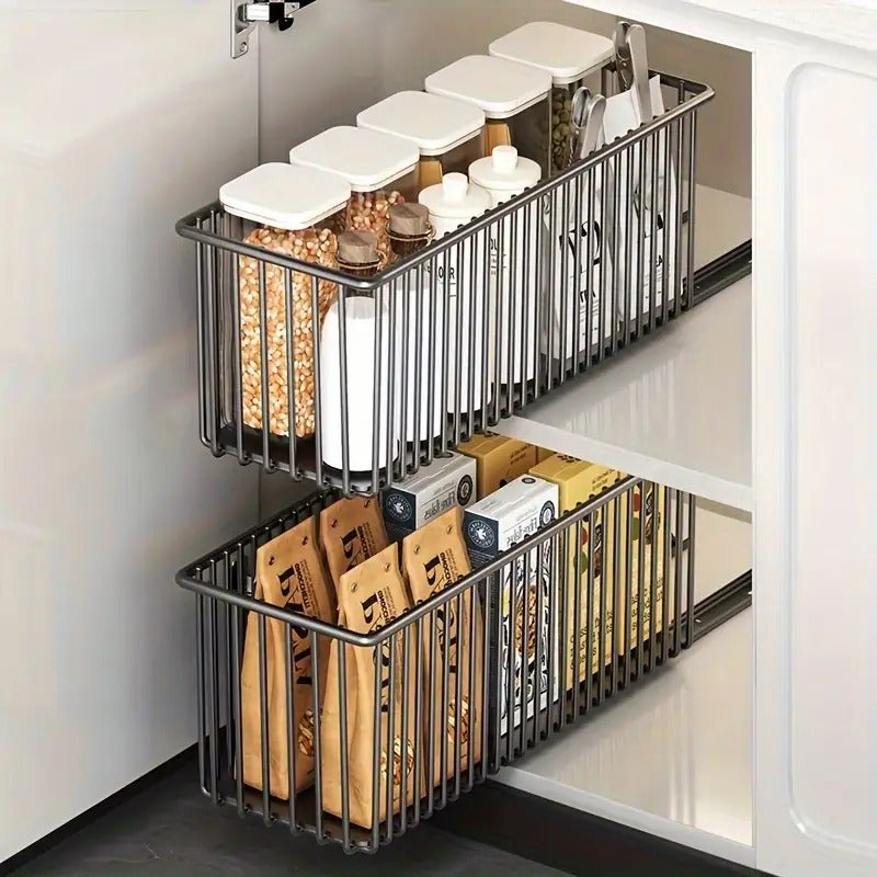 1 Pull-Out Cabinet Organizer Box, Slide-Out Drawer Storage Rack Cabinet Organizer, Sliding Cabinet Basket. Suitable for Kitchen, Spice Rack, Bathroom Storage. No Drilling Required. 2 Models Available - Image 2
