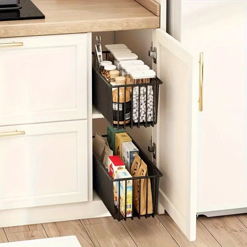 1 Pull-Out Cabinet Organizer Box, Slide-Out Drawer Storage Rack Cabinet Organizer, Sliding Cabinet Basket. Suitable for Kitchen, Spice Rack, Bathroom Storage. No Drilling Required. 2 Models Available - Image 3