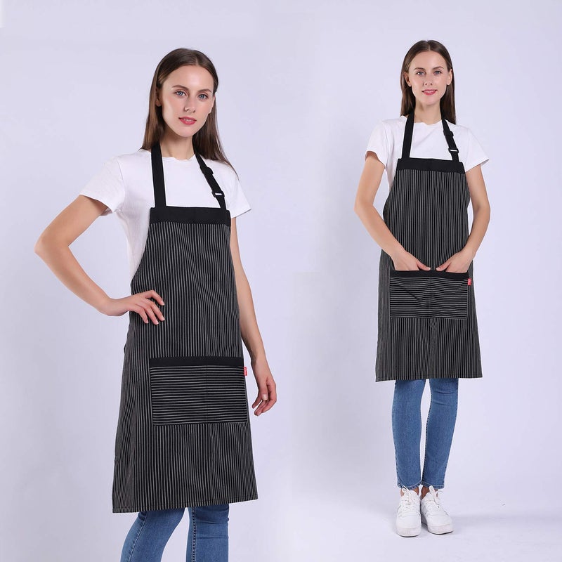 ALIPOBO Aprons for Women and Men  Kitchen Chef Apron with 2 Pockets and 40"" Long Ties  Adjustable Bib Apron for Cooking  Serving - 32"" x 28"" - Black/White Pinstripe - 1 Pcs - Image 3