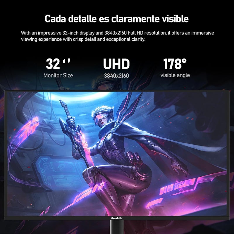 Gawfolk شاشة ألعاب 32 بوصة QD OLED 4K 240Hz UHD (3840x2160P) 0.03ms (GTG) PIP PBP 99% DCI-P3 Type-C 65W KVM HUB3.0 HDR400 FreeSync نسبة تباين 1.5M:1 قابلة لتعديل الإمالة والارتفاع والدوران - Image 2