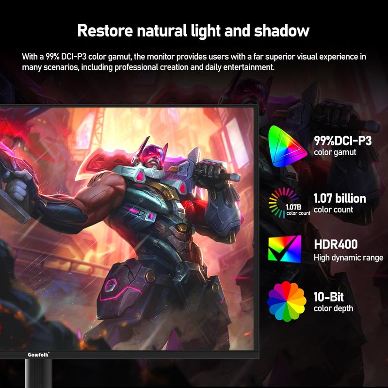 Gawfolk شاشة ألعاب 32 بوصة QD OLED 4K 240Hz UHD (3840x2160P) 0.03ms (GTG) PIP PBP 99% DCI-P3 Type-C 65W KVM HUB3.0 HDR400 FreeSync نسبة تباين 1.5M:1 قابلة لتعديل الإمالة والارتفاع والدوران - Image 4