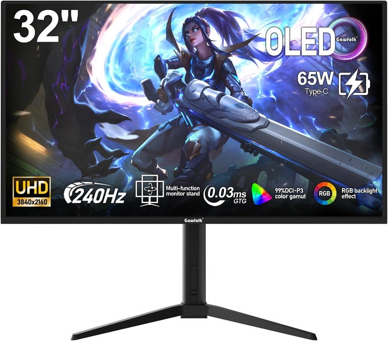 Gawfolk شاشة ألعاب 32 بوصة QD OLED 4K 240Hz UHD (3840x2160P) 0.03ms (GTG) PIP PBP 99% DCI-P3 Type-C 65W KVM HUB3.0 HDR400 FreeSync نسبة تباين 1.5M:1 قابلة لتعديل الإمالة والارتفاع والدوران - Image 1