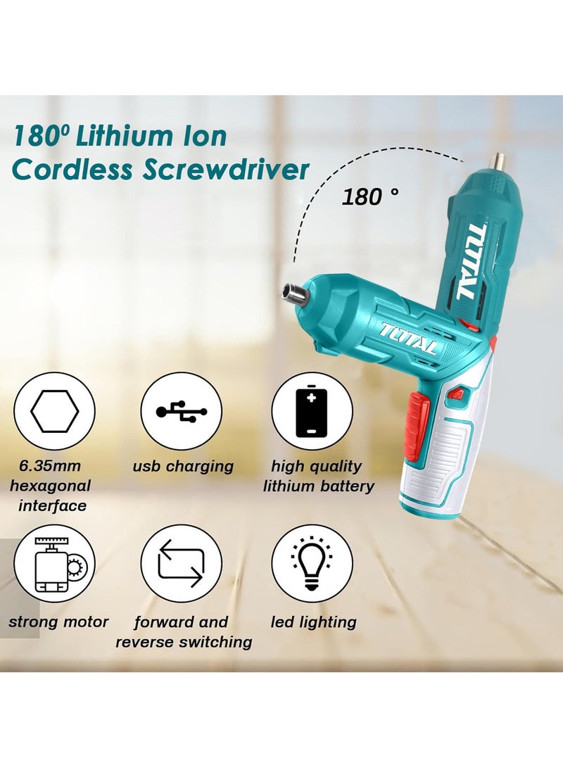 توتال طقم مفك براغي لاسلكي ببطارية ليثيوم أيون 4 فولت مع ضوء LED، وشحن USB من النوع C، وساق سداسية 1/4 بوصة، ومجموعة رؤوس مفكات من 31 قطعة TSDLI04425  - Image 5