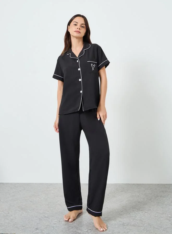 Take Two Black Heart Pocket Detail Shirt and Pyjama Set