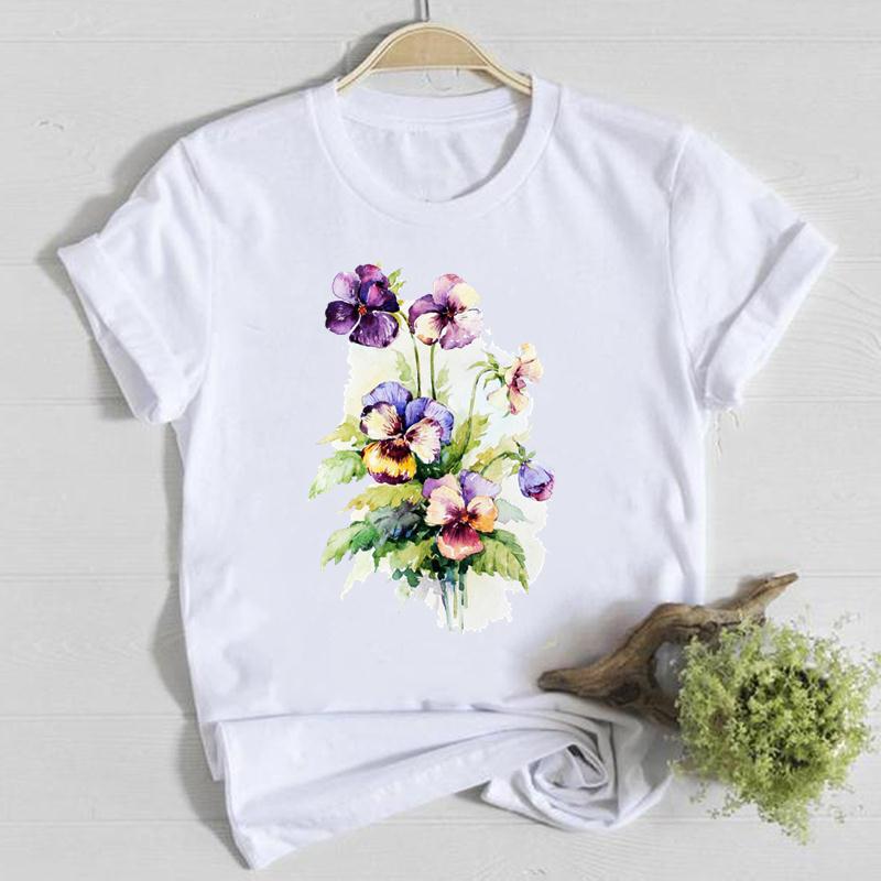 Horticultural Flowers Personality Pattern Round Neck Printed White T-Shirt Short Sleeve Women'S Wish/ - Image 1