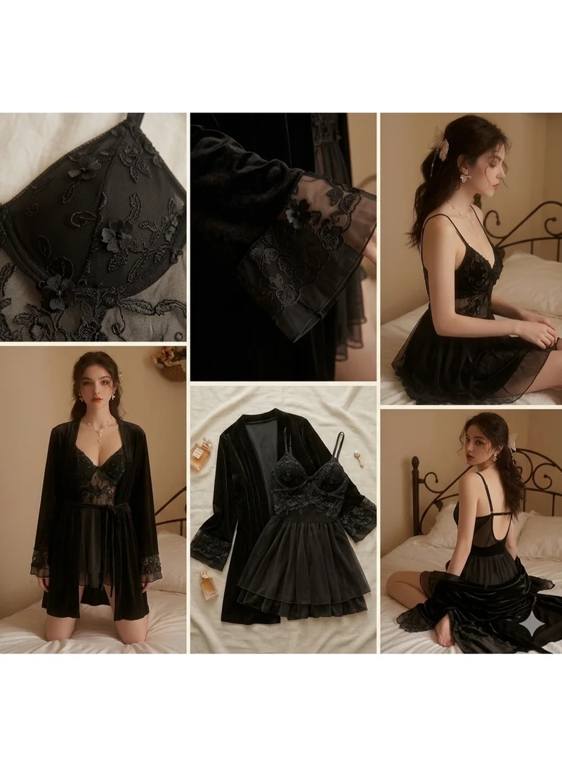Caprisious  Luxe Velvet & Lace Pajama Set with Floral Embroidery – 2-Piece Nightgown and Robe for Women | Best Price UAE