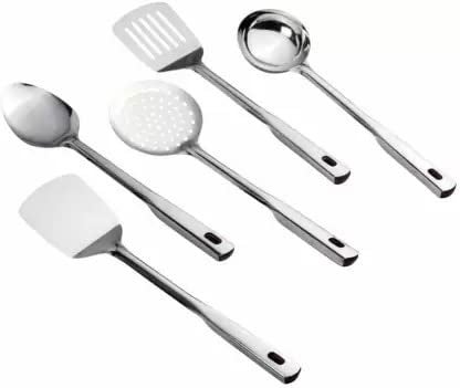 AG Enterprises AG Enterprises Premium Stainless Steel Kitchen Tools Set for Cooking Set of 5 35 cm Length Silver Contains 1 Ladle 1 Skimmer1 Turner 1 Spatula 1 Slotted Turner  - Image 1