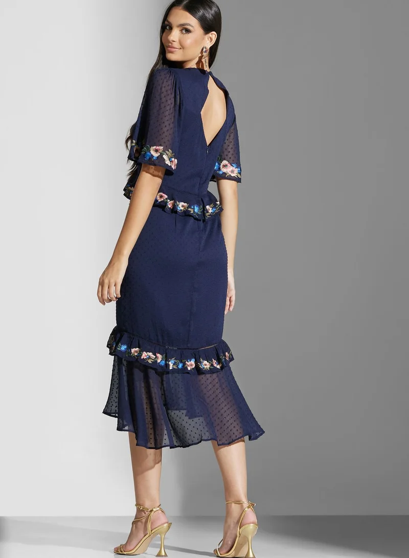 Hope & Ivy Embroidered Ruffle Hem Back Cut Dress