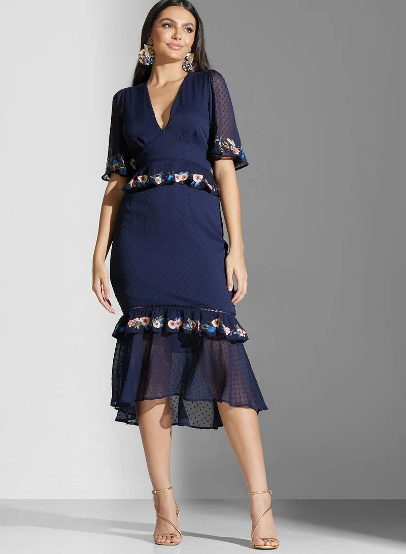Hope & Ivy Embroidered Ruffle Hem Back Cut Dress