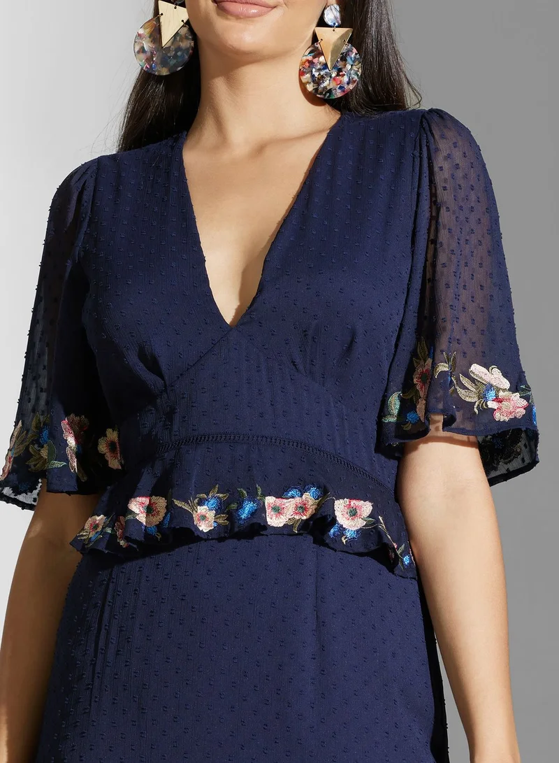 Hope & Ivy Embroidered Ruffle Hem Back Cut Dress