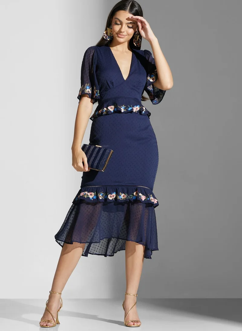 Hope & Ivy Embroidered Ruffle Hem Back Cut Dress
