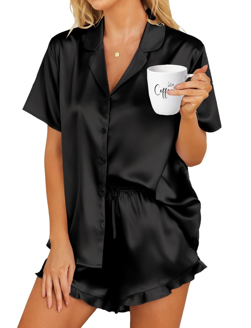 HOTOUCH Womens Silk Satin Pajamas Set Button Down Short Sleeve Sleepwear Set 2 Piece Ruffled Pjs Black, M - Image 1